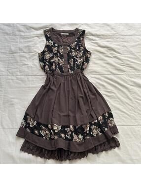 Axes Femme Brown Rose Floral Pintuck Lace Hem Dress Medium Japan
